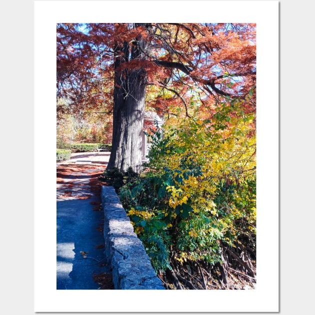 HIDDEN TEMPLE Red Tree Autumn Stone Bridge Leaves orange and green nature pretty delicate foliage Wall Art by sandpaperdaisy